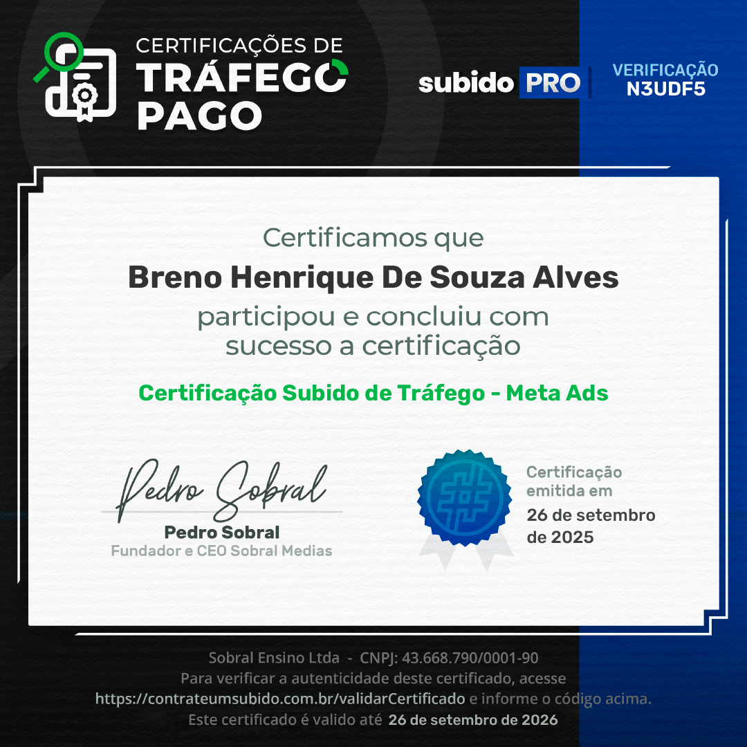 Certificação Subido de Tráfego — Meta Ads — Breno Henrique de Souza Alves